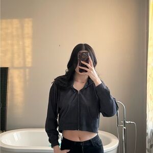 Aerie Dark Gray Cropped Zip-Up Hoodie